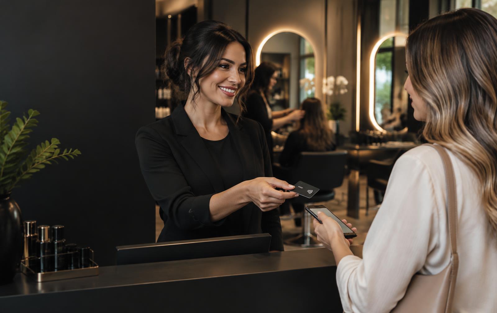 Atendente apresenta cartão de aproximação a uma cliente em salão de beleza